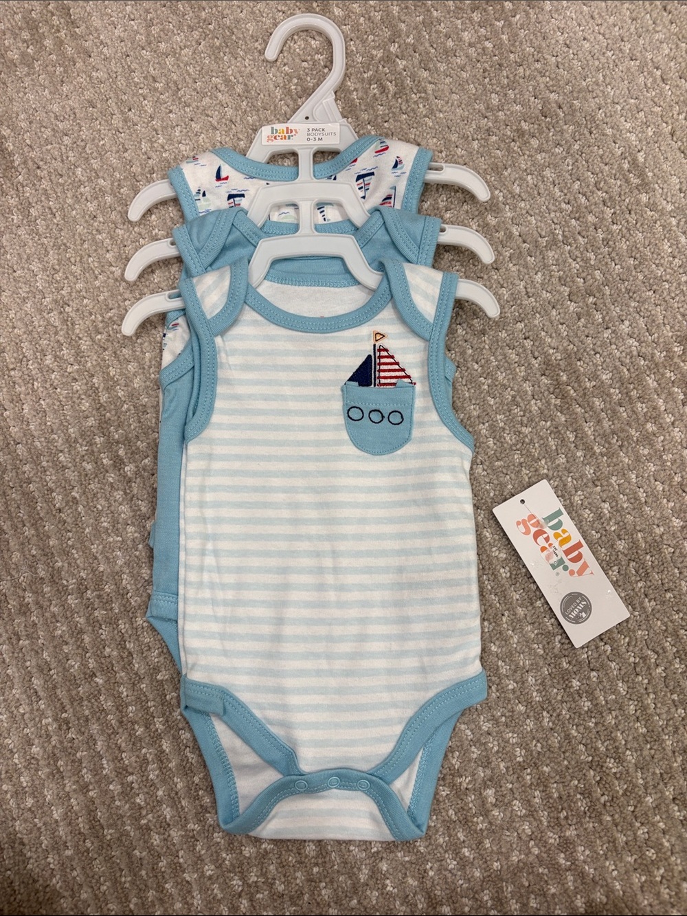 Baby Gear Light Blue & White Striped Sleeveless One-Piece Bodysuit - 3 Pack